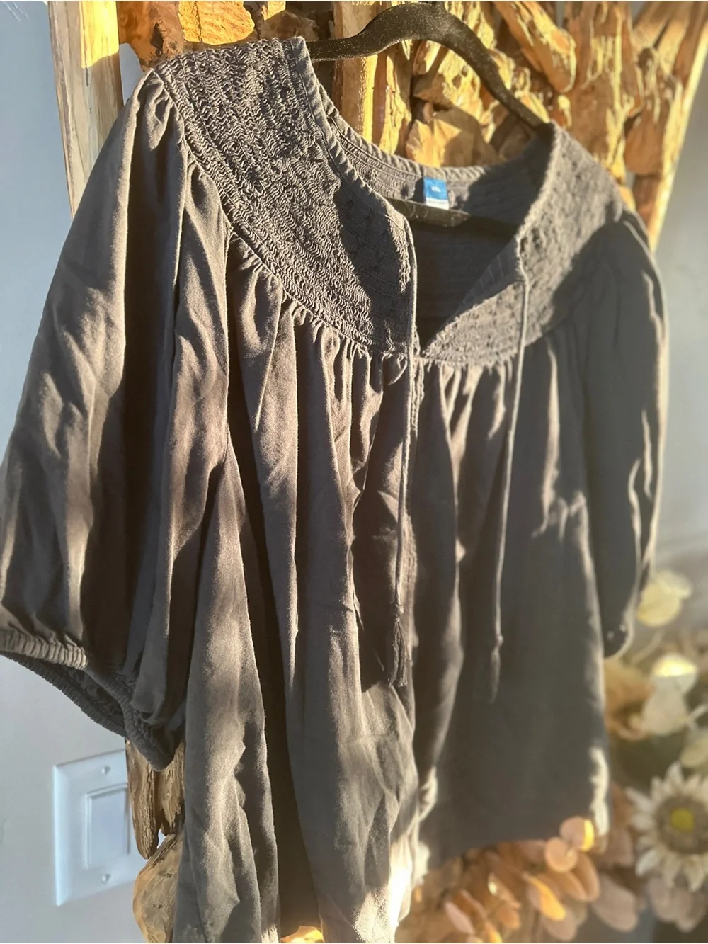 Old Navy Charcoal Gray Smocked Yoke Peasant Blouse